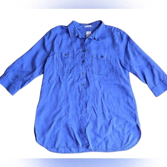 Chico's Linen Blue Button-Up Shirt Tunic Beach Cover 3/4 sleeve, Size 12 - Picture 2 of 9